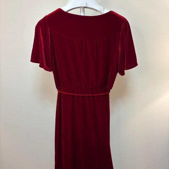 Chelsea28 RomanticBurgundy Velvet Wrap Dress Flutter Sleeve Front Slit Rope Belt - Picture 6 of 13